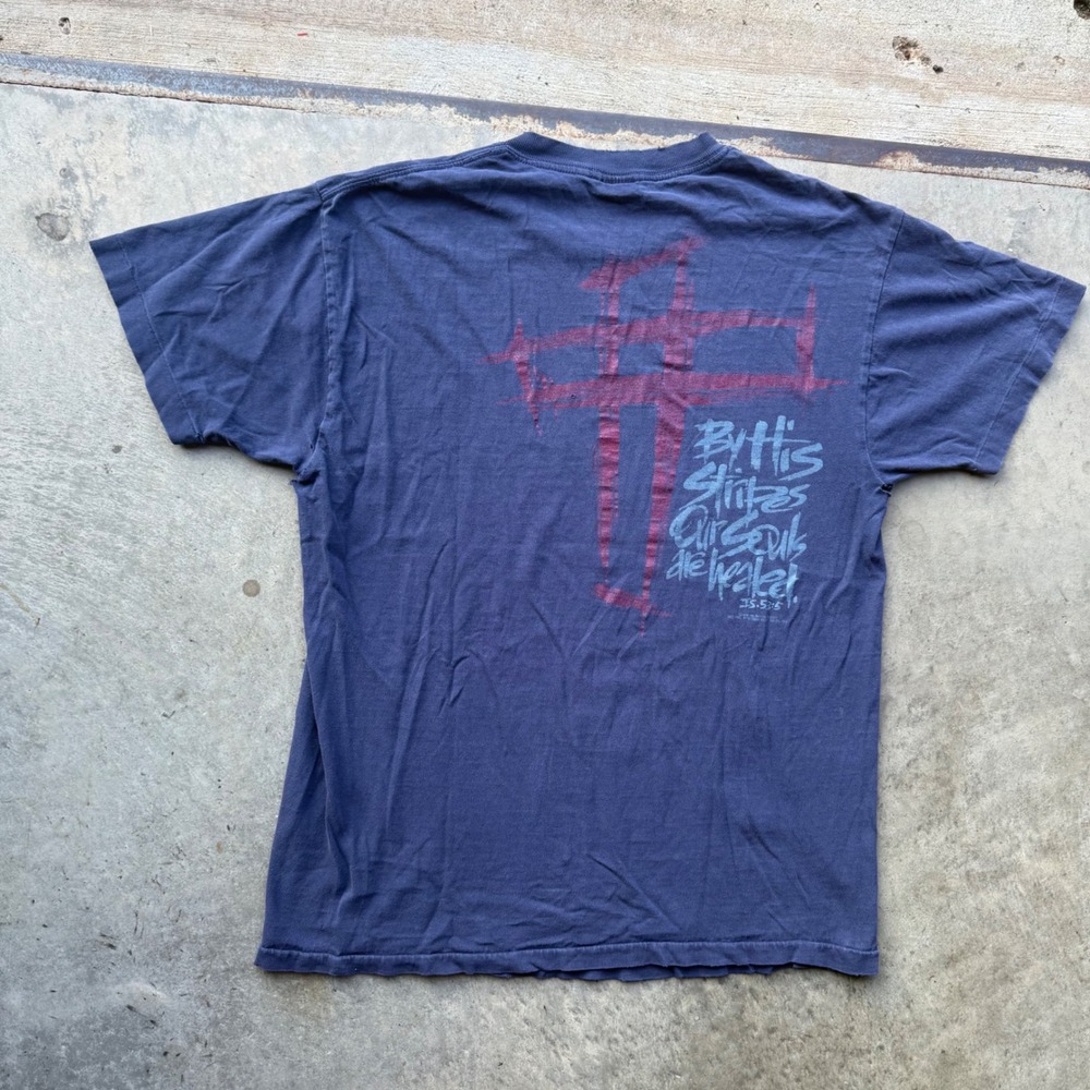 Vintage 1996 Delta Christian Cross T-Shirt Navy Distressed Isaiah 53:5 Large